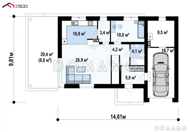 Проект двухэтажного дома с плоской крышей и второй террасой над гаражом / План 1 этажа