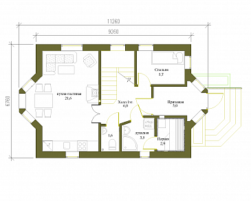 Проект небольшого загородного дома с двумя эркерами для постоянного проживания / План 1 этажа
