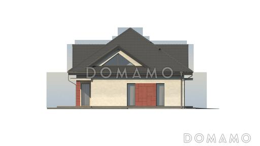 Проект одноэтажного мансардного коттеджа из газобетона с большой площадью остекления в гостиной, кабинетом и гаражом / Фасад 1