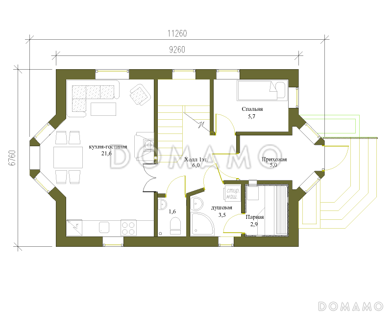 Проект небольшого загородного дома с двумя эркерами для постоянного проживания / План 1 этажа
