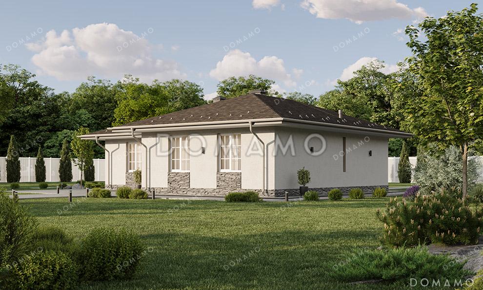 Проект Г-образного одноэтажного дома с крытой входной группой, простой вальмовой кровлей и просторной кухней-гостиной / 2