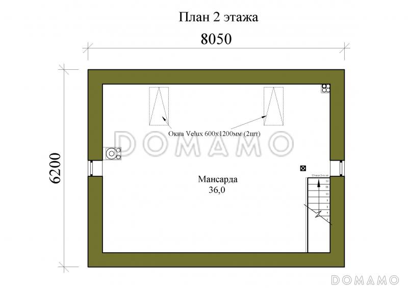 Проект одноэтажной бани с террасой и мансардой / План мансардного этажа