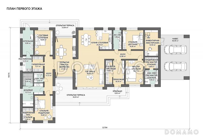 Проект одноэтажного дома из газобетона с навесом для двух автомобилей, 4 спальнями, сауной и верандой с барбекю / План 1 этажа