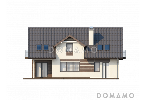 Проект одноэтажного мансардного дома из кирпича с балконом, с четырьмя спальнями и встроенным гаражом / Фасад 2