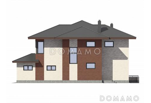 Проект загородного дома с четырьмя спальными комнатами и гаражом для одного автомобиля / Фасад 2