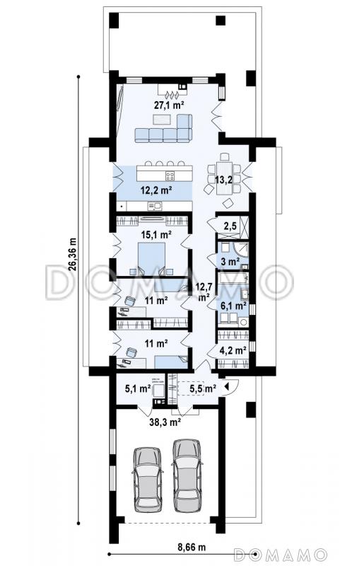 Проект удобного современного одноэтажного мансардного дома из кирпича с гаражом и тремя спальнями на мансарде / План 1 этажа