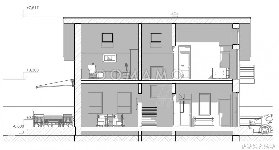 Проект дома с террасой, прямоугольной кухней-гостиной, хозяйской спальней на мансардном этаже с балконом / 7
