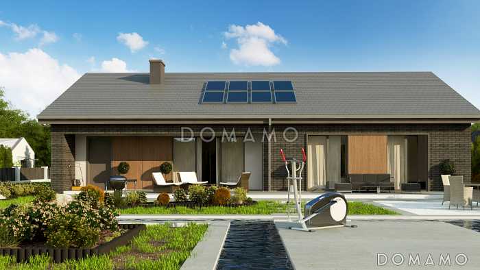 Проект дома с террасой, гаражом, кладовой, тремя спальнями