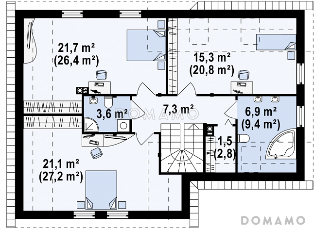 Проект одноэтажного дома из газобетона с угловой мансардой и встроенным гаражом / План мансардного этажа