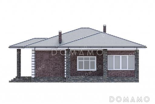 Проект одноэтажного дома с большим тамбуром, тремя комнатами, верандой и террасой / Фасад 4