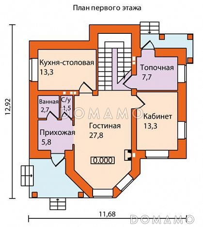 Проект кирпичного дома с необычной конфигурацией кровли / План 1 этажа Проект кирпичного дома с необычной конфигурацией кровли / План 1 этажа