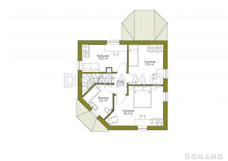 Проект квадратного кирпичного коттеджа  со входом с угла / План мансардного этажа