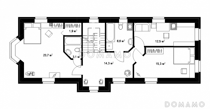 Проект большого коттеджа для узкого участка / План 2 этажа Проект большого коттеджа для узкого участка / План 2 этажа