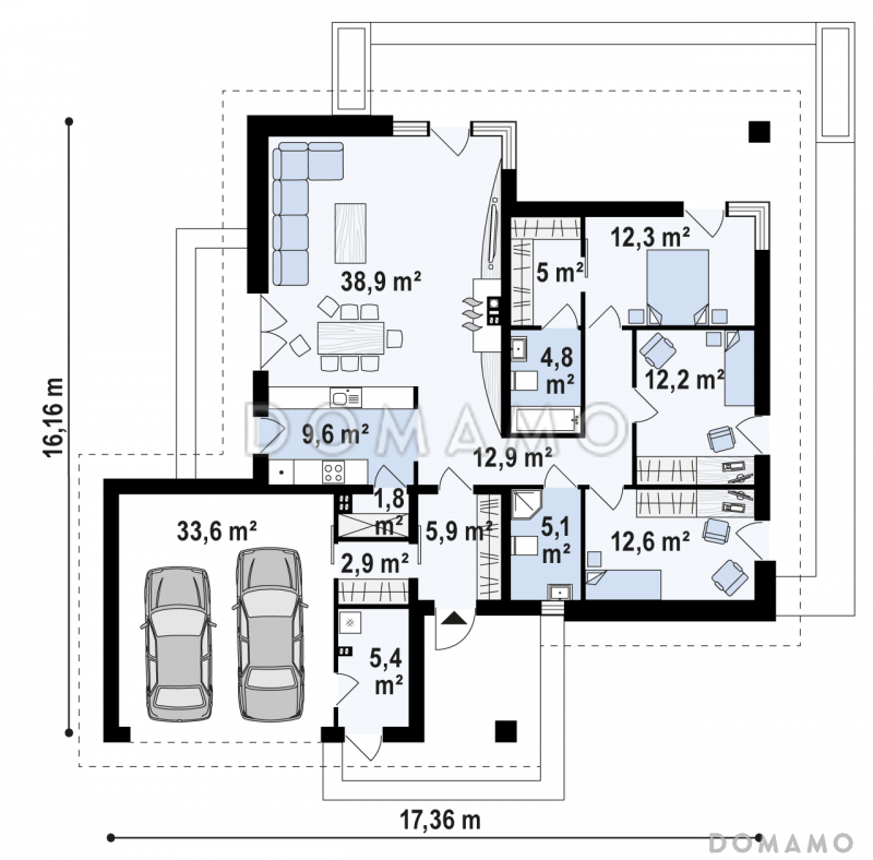 Проект комфортного одноэтажного дома из кирпича с тремя спальнями и пристроенным гаражом на два автомобиля / План 1 этажа