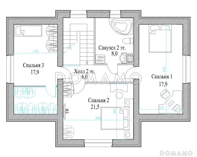 Проект полутораэтажного коттеджа с яркой облицовкой и открытой террасой из СИП панелей / План мансардного этажа