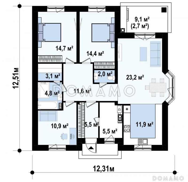 Проект одноэтажного дома с эркером в гостиной, кладовой, террасой / План 1 этажа