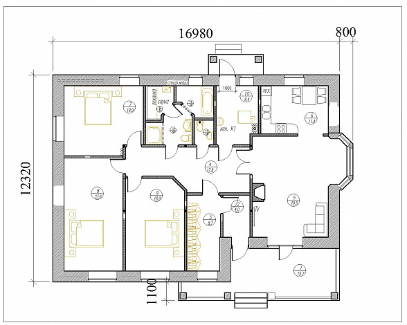 Одноэтажный дом из крупноформатного кирпича с тремя спальнями, большой кухней-гостиной и сауной / План 1 этажа