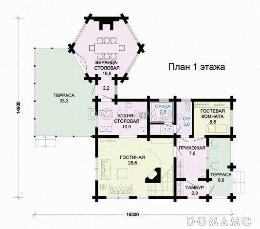Проект комфортабельного бревенчатого дома с вынесенной столовой / План 1 этажа Проект комфортабельного бревенчатого дома с вынесенной столовой / План 1 этажа