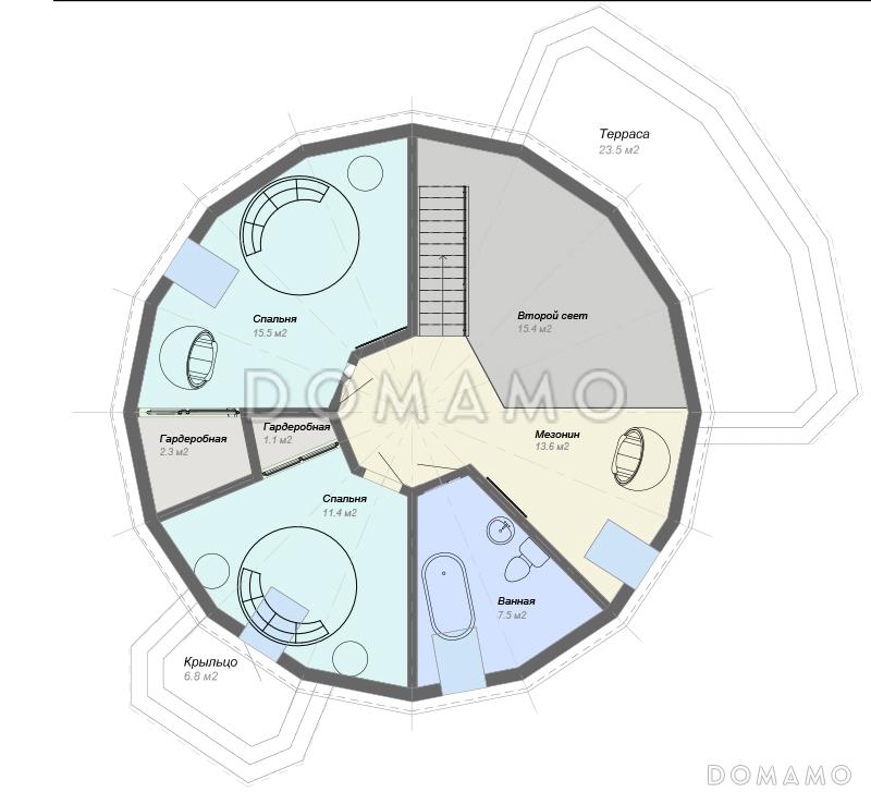 Проект необычного каркасного дома / План мансардного этажа Проект необычного каркасного дома / План мансардного этажа