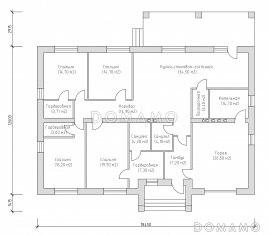 Проект одноэтажного дома по технологии ЛСТК с гаражом и открытой террасой / План 1 этажа Проект одноэтажного дома по технологии ЛСТК с гаражом и открытой террасой / План 1 этажа