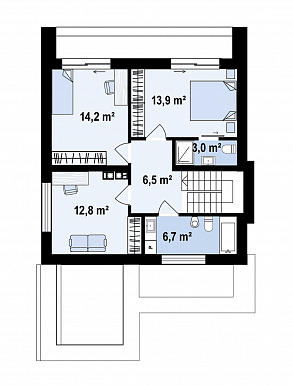 Проект загородного дома с плоской крышей, кладовой под лестницей, вытянутой ванной на втором этаже / План 2 этажа Проект загородного дома с плоской крышей, кладовой под лестницей, вытянутой ванной на втором этаже / План 2 этажа