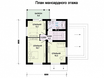 Проект коттеджа с красной двускатной крышей, тремя спальными комнатами, балконом и гаражом / План мансардного этажа Проект коттеджа с красной двускатной крышей, тремя спальными комнатами, балконом и гаражом / План мансардного этажа