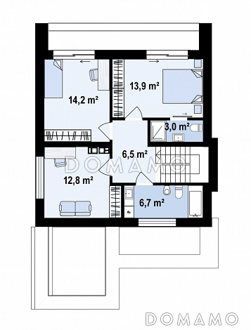 Проект загородного дома с плоской крышей, кладовой под лестницей, вытянутой ванной на втором этаже / План 2 этажа Проект загородного дома с плоской крышей, кладовой под лестницей, вытянутой ванной на втором этаже / План 2 этажа