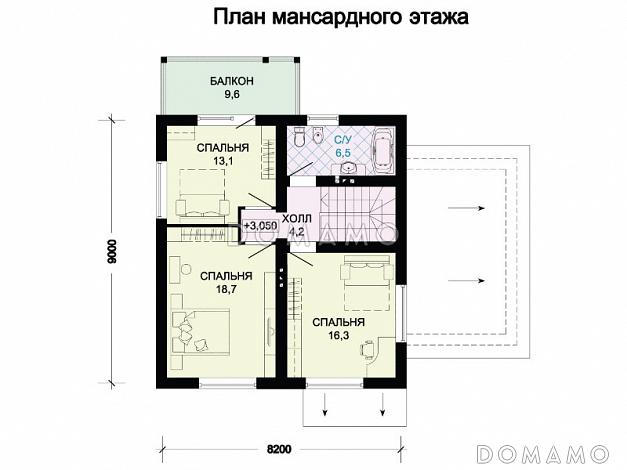 Проект коттеджа с красной двускатной крышей, тремя спальными комнатами, балконом и гаражом / План мансардного этажа Проект коттеджа с красной двускатной крышей, тремя спальными комнатами, балконом и гаражом / План мансардного этажа