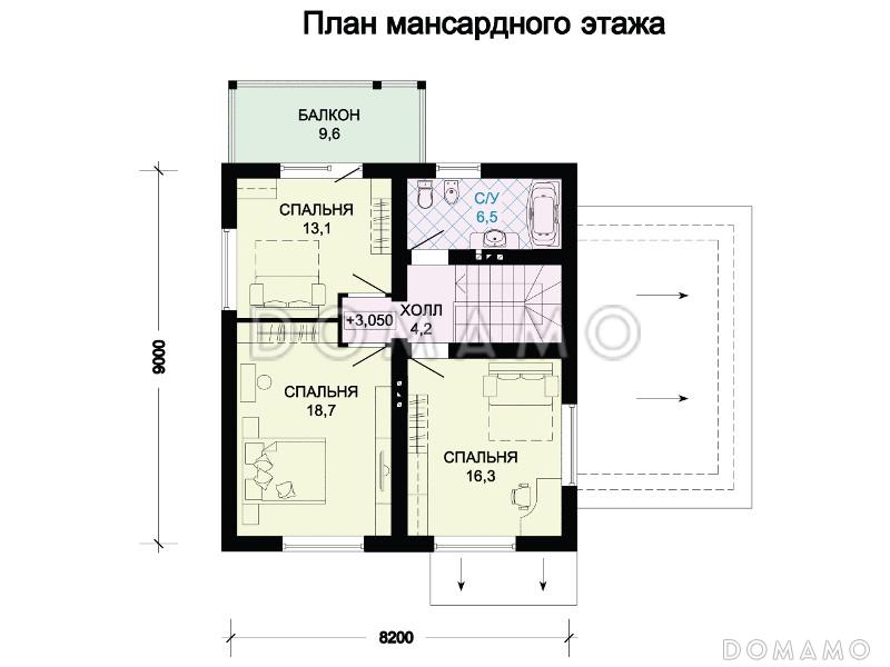 Проект коттеджа с красной двускатной крышей, тремя спальными комнатами, балконом и гаражом / План мансардного этажа