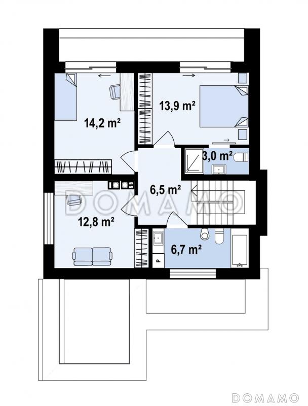 Проект загородного дома с плоской крышей, кладовой под лестницей, вытянутой ванной на втором этаже / План 2 этажа