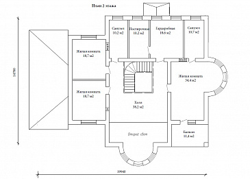 Проект двухэтажного дома в византийском стиле из газобетона с двумя круглыми эркерами и гаражом / План 2 этажа Проект двухэтажного дома в византийском стиле из газобетона с двумя круглыми эркерами и гаражом / План 2 этажа