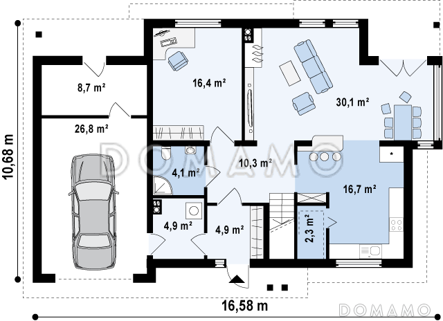 Проект двухэтажного дома из газобетона с эркером и балконом над ним, с тремя спальнями, кабинетом и гаражом / План 1 этажа