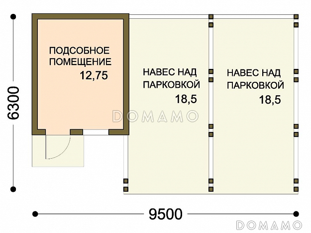 Проект навеса для двух автомобилей с хозблоком / План 1 этажа