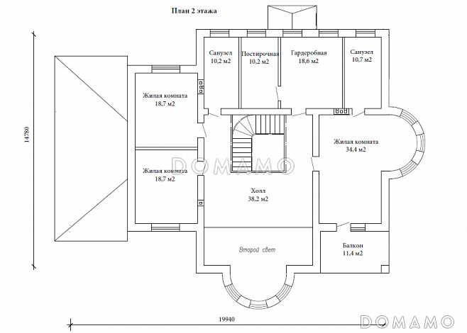 Проект двухэтажного дома в византийском стиле из газобетона с двумя круглыми эркерами и гаражом / План 2 этажа Проект двухэтажного дома в византийском стиле из газобетона с двумя круглыми эркерами и гаражом / План 2 этажа