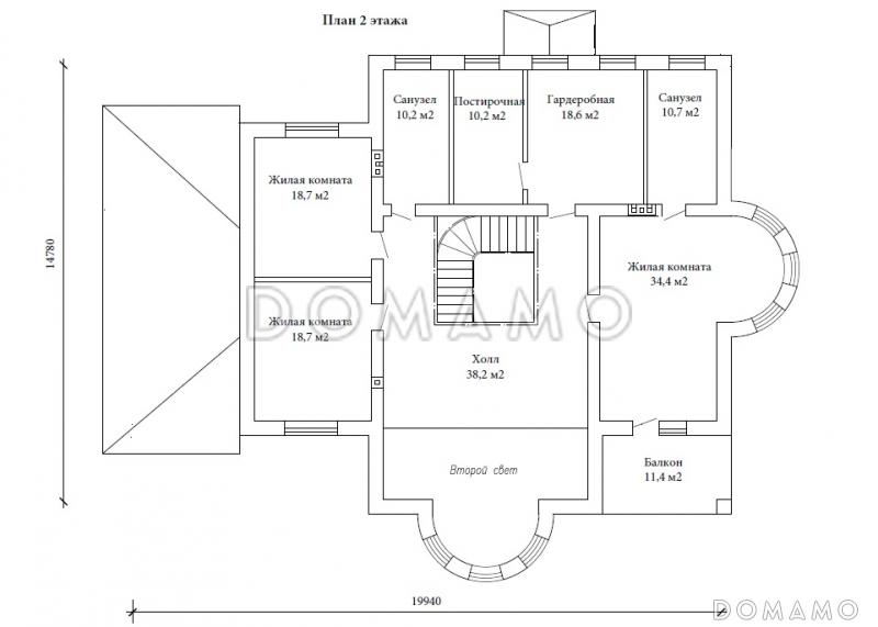 Проект двухэтажного дома в византийском стиле из газобетона с двумя круглыми эркерами и гаражом / План 2 этажа