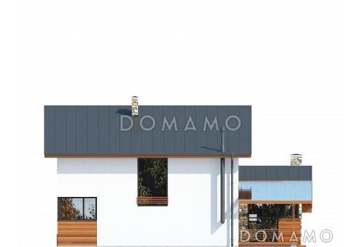 Проект дома с навесом на две машины, крытой террасой, спальней на первом этаже, балконом / Фасад 4