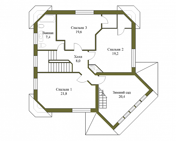 Проект трёхэтажного коттеджа с подвалом и зимним садом / План 2 этажа