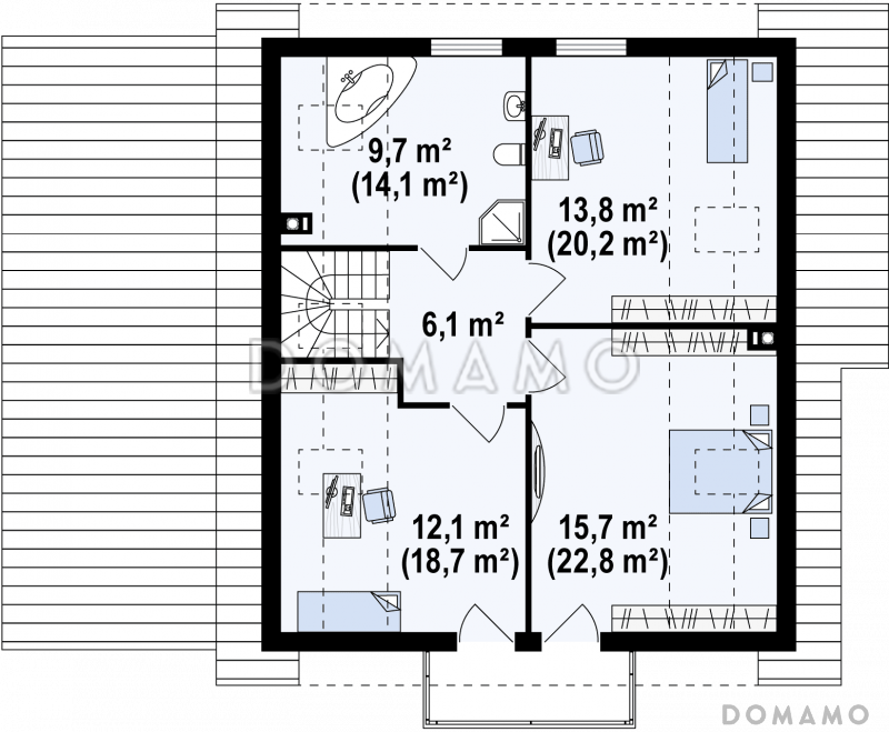Проект одноэтажного мансардного дома из газобетона с гаражом, эркером и большой площадью остекления в гостиной / План мансардного этажа
