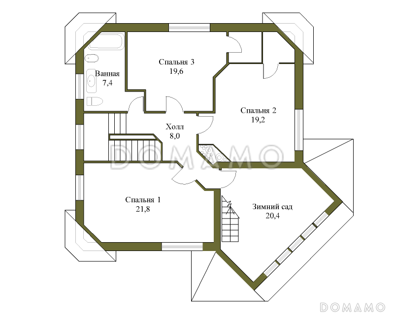 Проект трёхэтажного коттеджа с подвалом и зимним садом / План 2 этажа