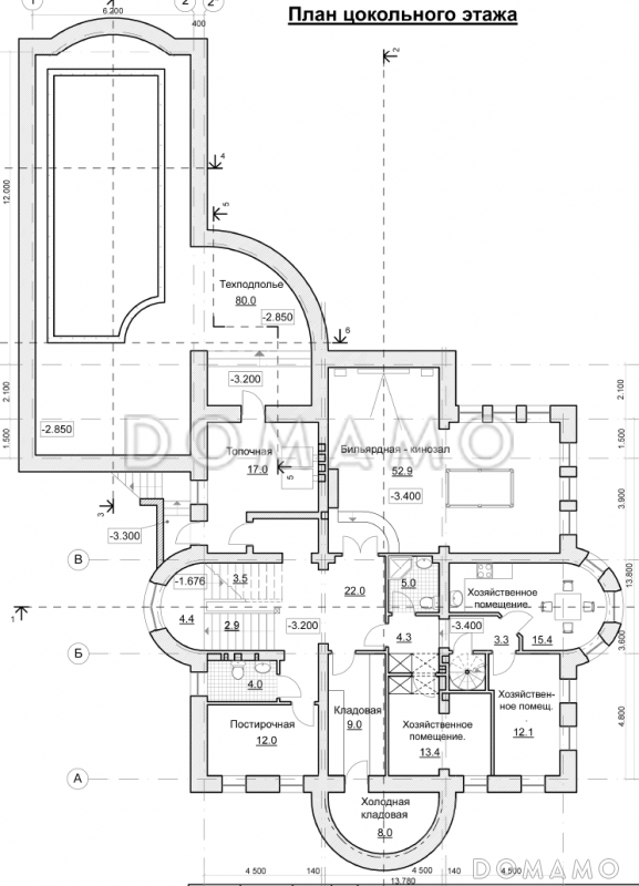 Проект коттеджа с двусветной гостиной, бассейном и зимним садом / План цокольного этажа