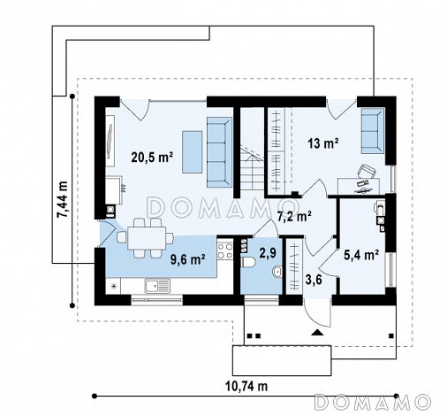 Проект одноэтажного мансардного дома из кирпича c отделкой фасадов облицовочным кирпичом с кабинетом и тремя спальнями / План 1 этажа