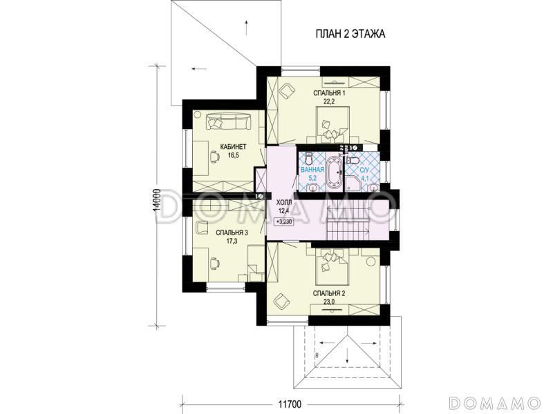 Проект двухэтажного загородного дома с террасой, гостевым блоком с кухней и санузлом, кабинетом / План 2 этажа