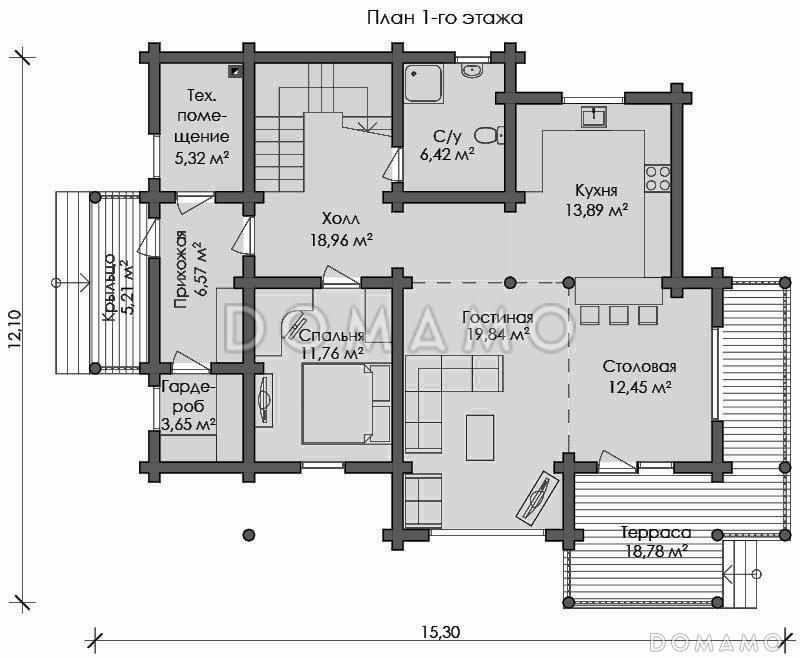 Проект дома с тремя спальными комнатами с двумя балконами и санузлом на втором этаже / План 1 этажа