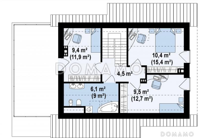 Проект компактного одноэтажного мансардного дома из газобетона с кабинетом, тремя спальнями и открытой террасой над гаражом / План мансардного этажа