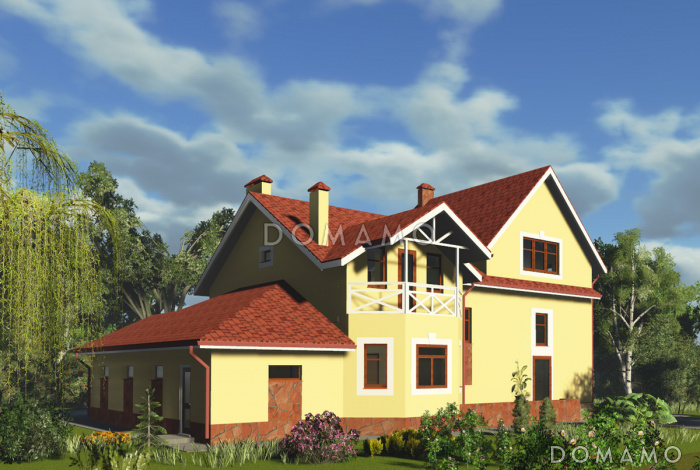 Проект дома с мансардным этажом, пристроенным гаражом и двумя балконами Проект дома с мансардным этажом, пристроенным гаражом и двумя балконами