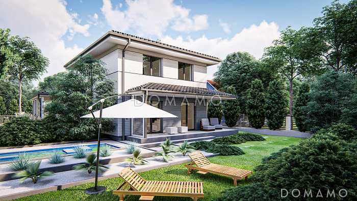 Проект дома с кабинетом, объединенной кухней и гостиной, террасой, спальнями на втором этаже Проект дома с кабинетом, объединенной кухней и гостиной, террасой, спальнями на втором этаже