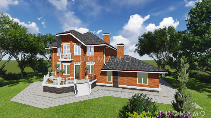 Проект двухэтажного дома с цокольным этажом, гаражом, эркером и террасой