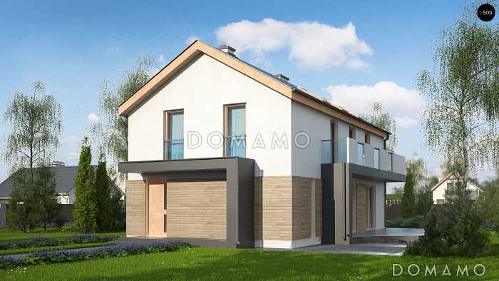 Проект двухэтажного дома из кирпича с двухскатной крышей с четырьмя комнатами и длинным общим балконом