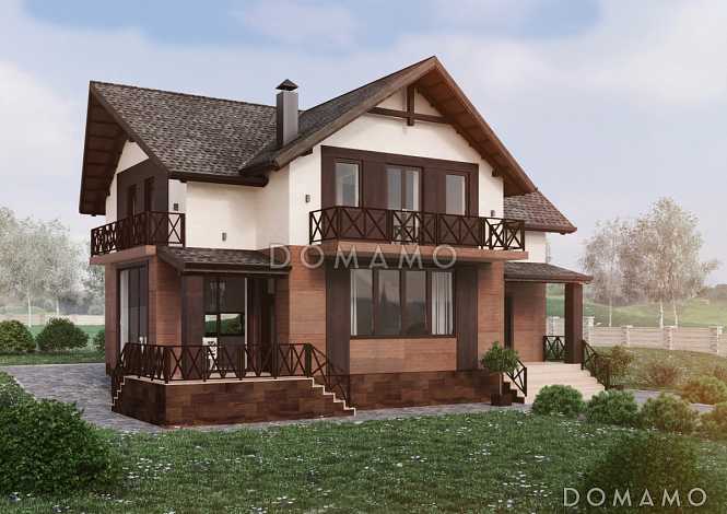 Проект дома с 4 спальнями, свободной планировкой кухни-гостиной-столовой и балконами на мансарде Проект дома с 4 спальнями, свободной планировкой кухни-гостиной-столовой и балконами на мансарде