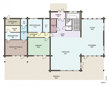 Проект двухэтажного дома из клееного бруса с кабинетом на первом этаже / План 1 этажа Проект двухэтажного дома из клееного бруса с кабинетом на первом этаже / План 1 этажа